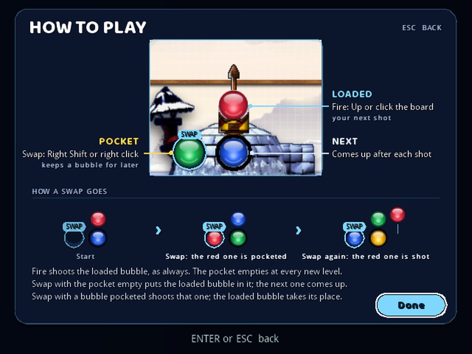How to play: the launcher, the next bubble and the Swap pocket, each labelled with its control